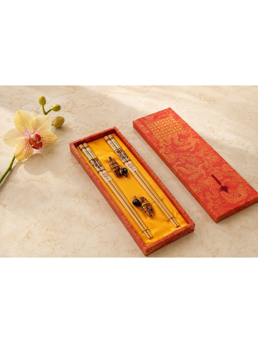 NIB Chinese 1990s Gift Set 2 Peking Opera Bamboo Chopsticks Duck Rests, 11x3.5"